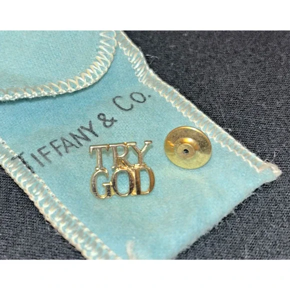 Vintage '70s Tiffany & Co Sterling Gold Overlay TRY GOD Vermeil Lapel Pin - Picture 2 of 5